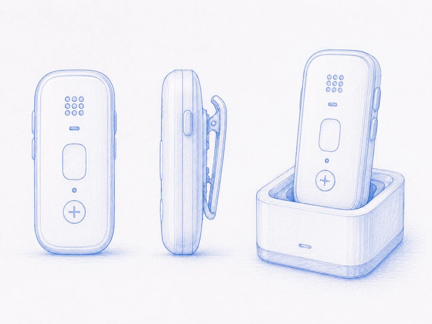 Blue-and-white product sketch showing Cortex Clip from the front, side profile with clip, and seated in its dock