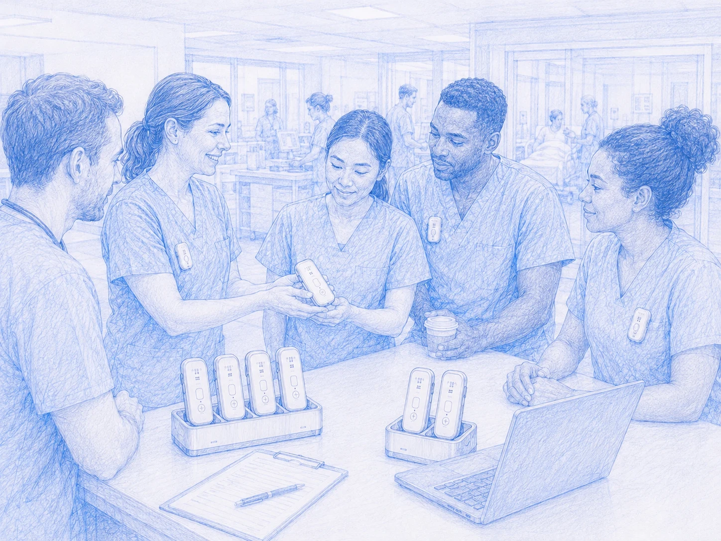 Blue sketch of a small clinical team around a table being introduced to Cortex Clip devices and docks