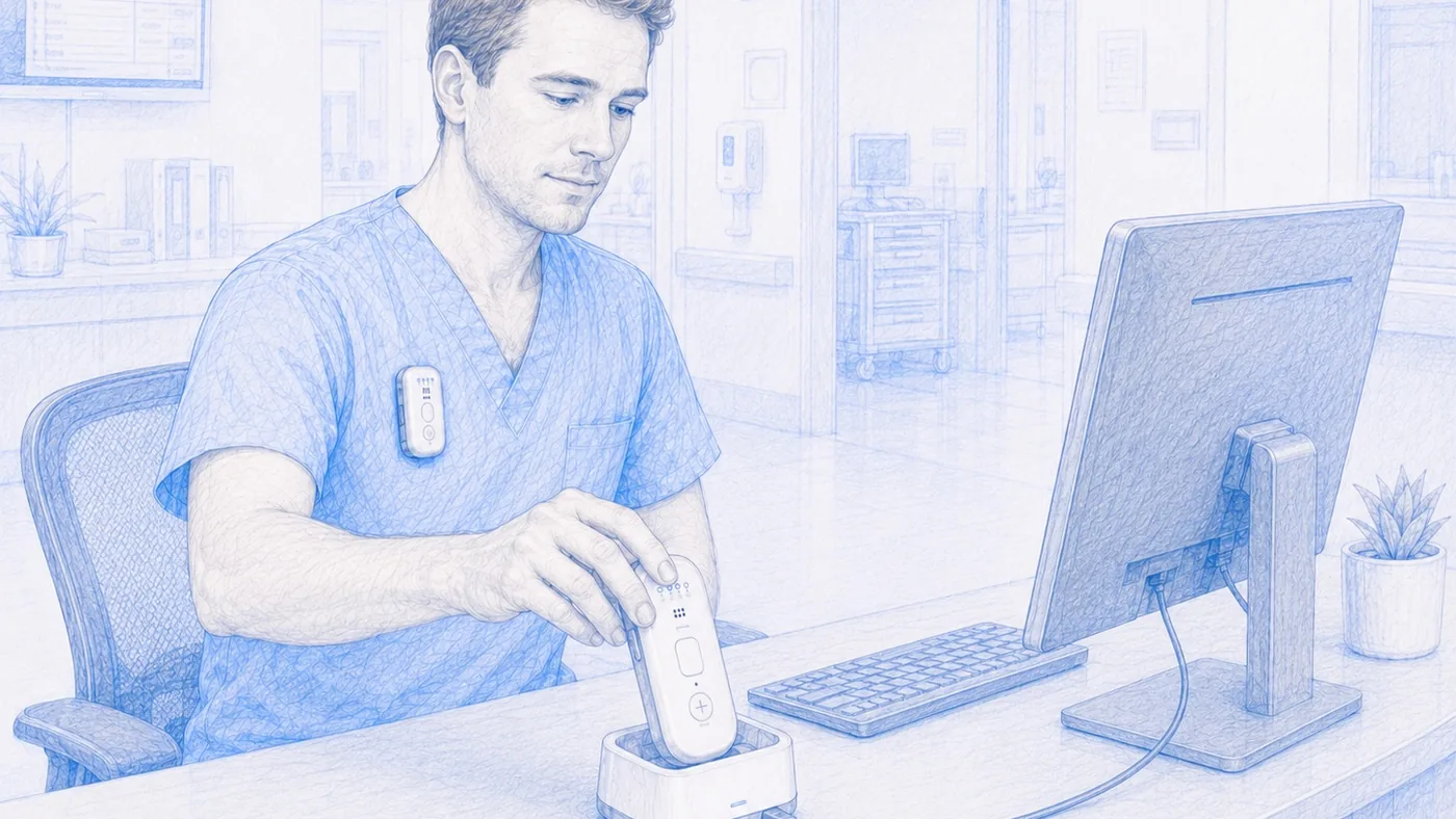 Blue sketch of a clinician docking Cortex Clip at a desktop workstation for local review