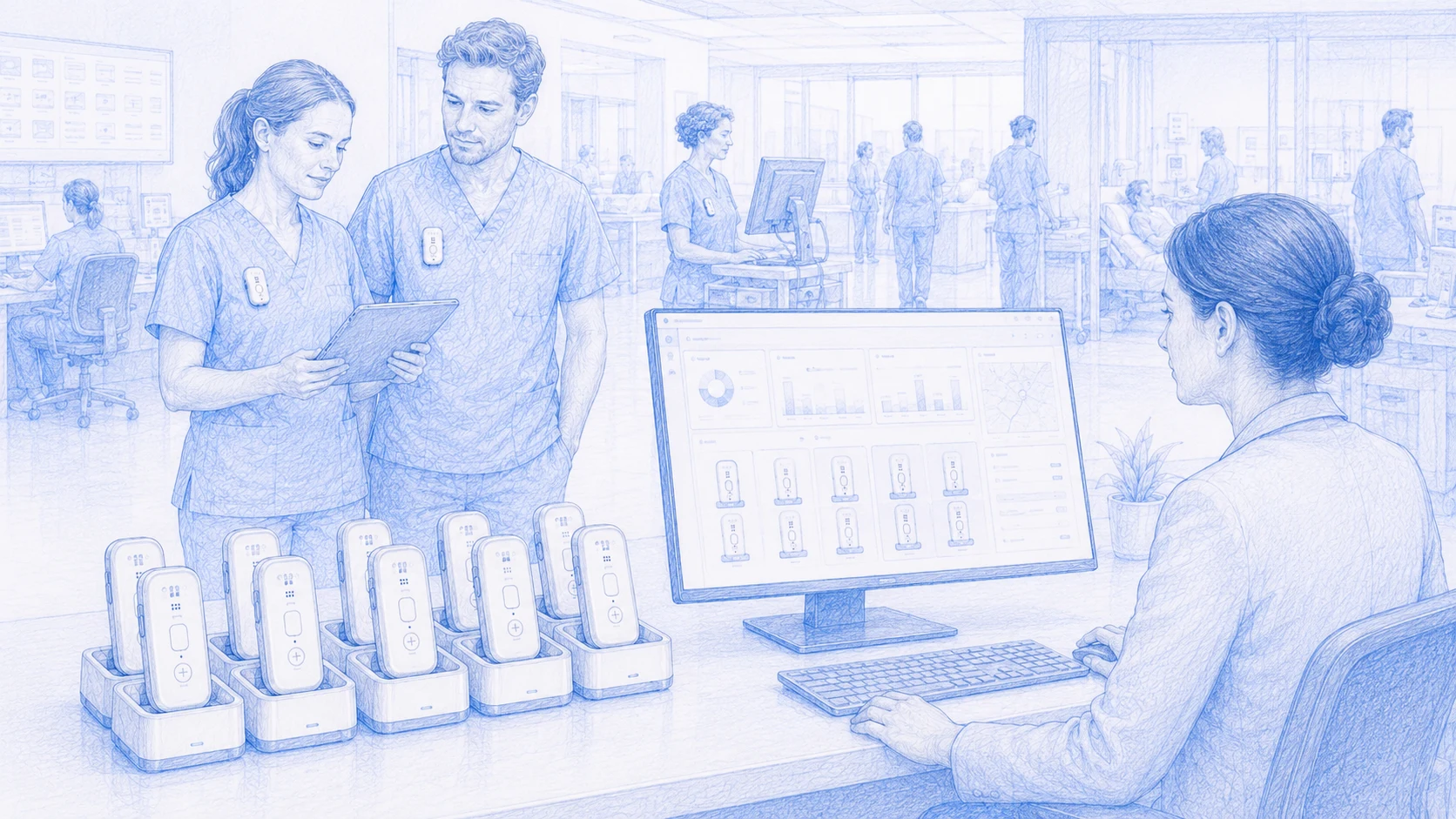 Blue-and-white sketch of a hospital operations area with multiple Cortex Clips in docks, clinicians wearing the device, and an administrator at a fleet dashboard