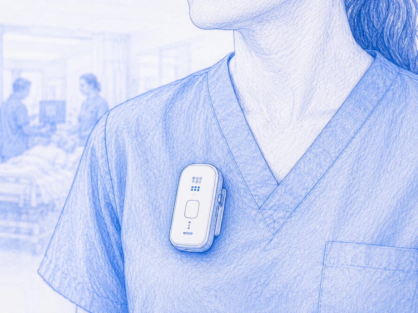 Blue-and-white sketch close-up of Cortex Clip attached to a clinician's scrubs in a hospital