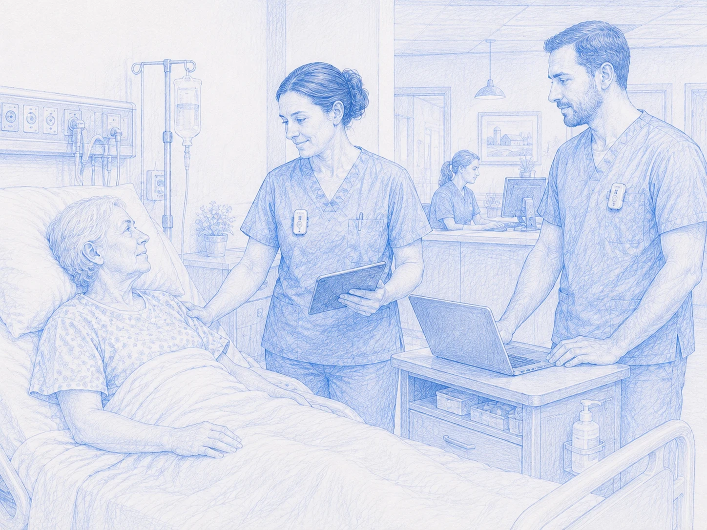 Blue-and-white sketch of clinicians caring for a patient in a smaller community hospital room while wearing Cortex Clip