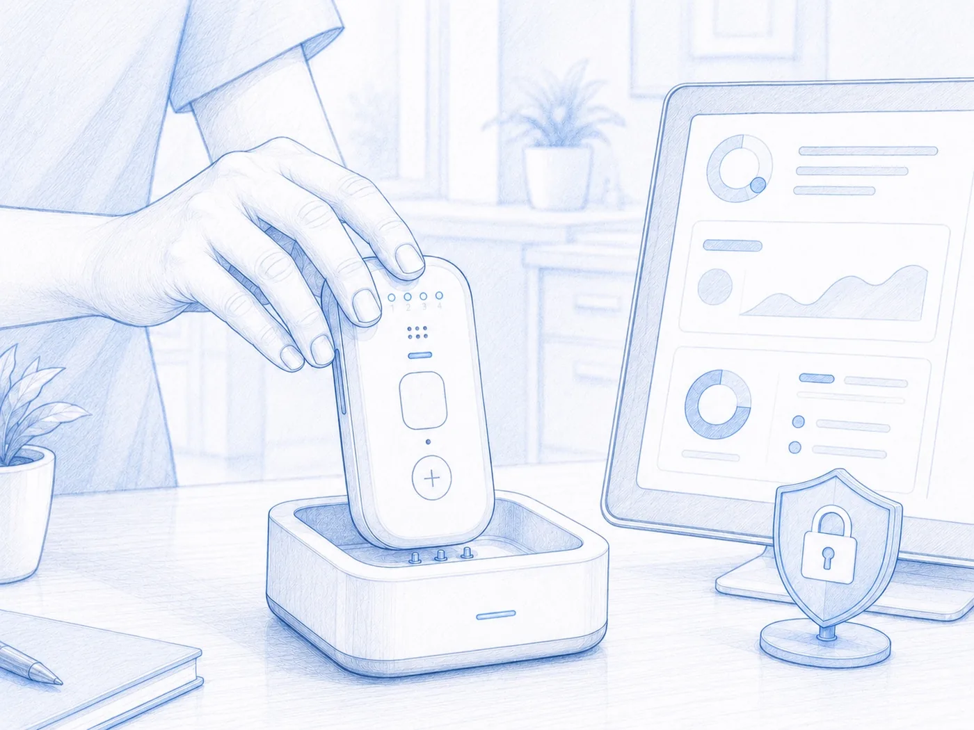 Blue sketch of Cortex Clip being placed into its dock beside a local workstation