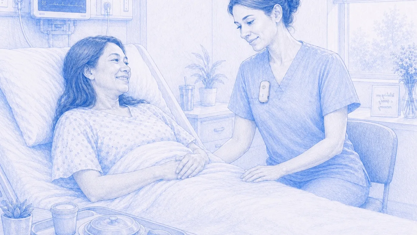 Blue clinical sketch of a clinician wearing Cortex Clip during a bedside patient interaction